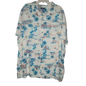 George Mens 3XL Teal White Pink Shirt Palm Tree Bohemian Summer Vacay‎